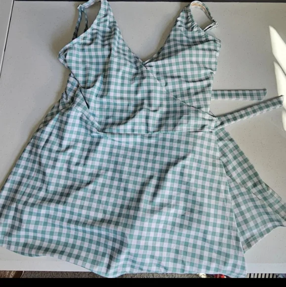 Old Navy Gingham Mini Swim Wrap Dress One High Tide 1 Pc Swimsuit Sz XL EUC - Picture 14 of 16